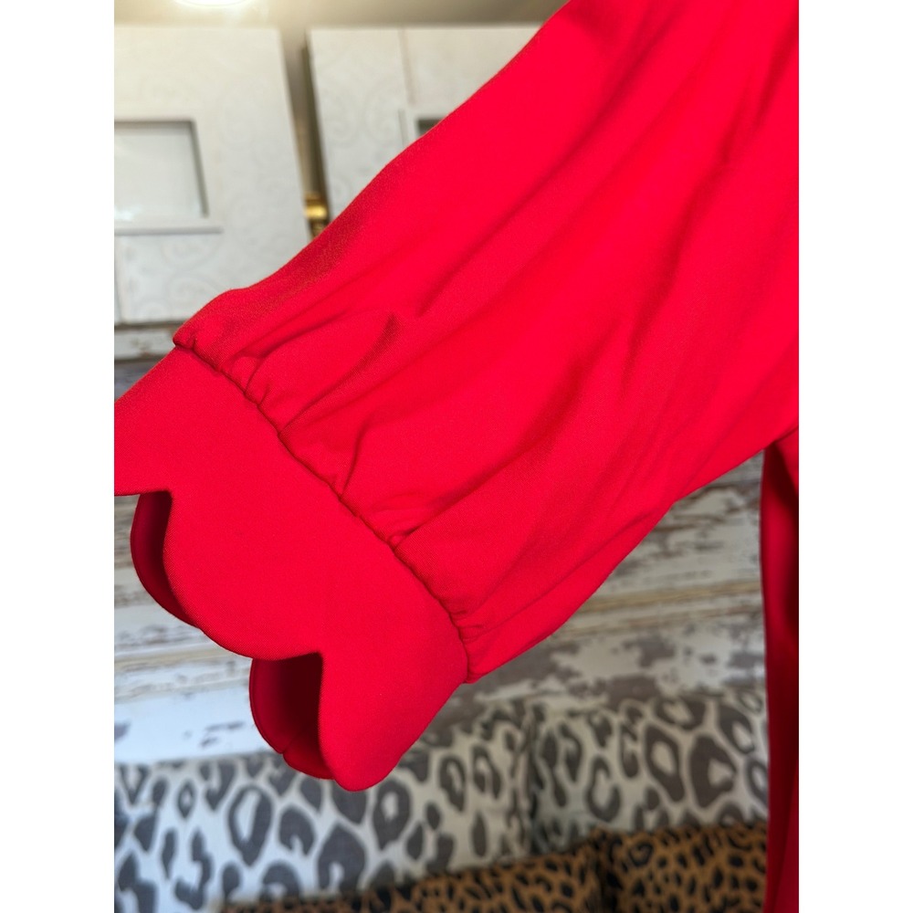 Jodifl Red Pink Striped Scallop Hem Puff Sleeve Shift Dress with Pockets - Picture 4 of 8